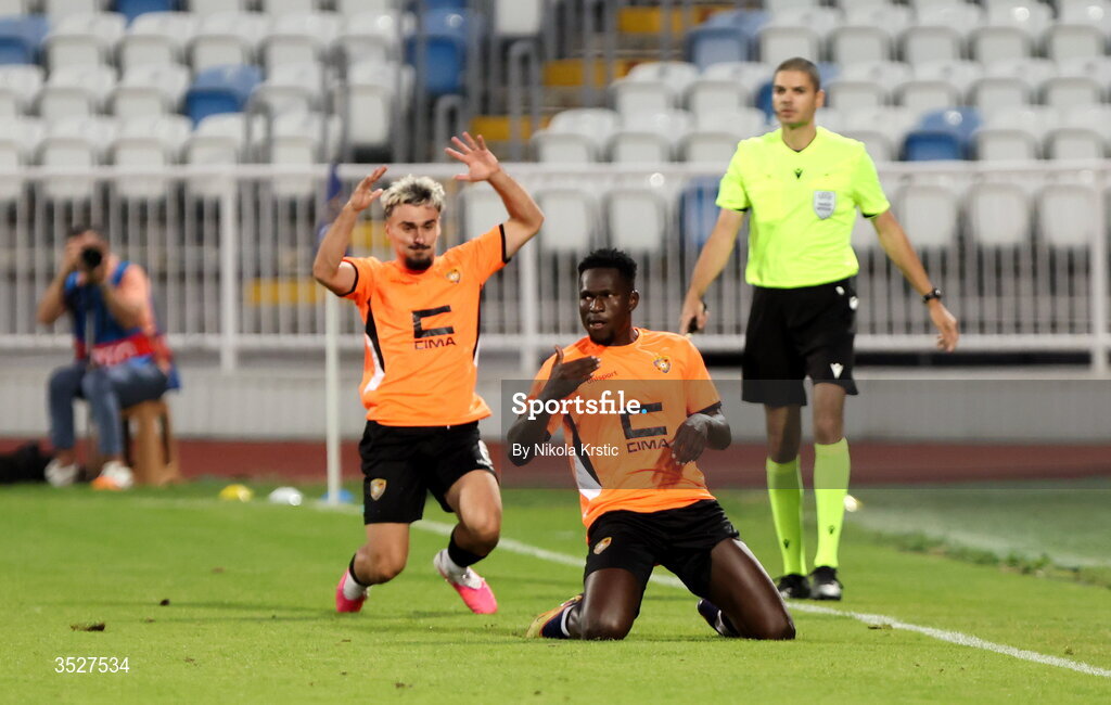 30 July 2026; Valentin Serebe of Ballkani, right, celebrates after scoring their side's first goal during the UEFA Conference League Second Qualifying Round second leg match between Ballkani and Bohemians at Fadil Vokrri Stadium in Pristina, Kosovo. Photo by Nikola Krstic/Sportsfile