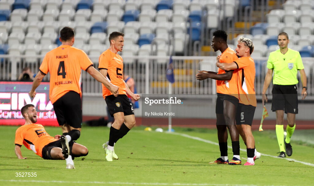 30 July 2026; Valentin Serebe of Ballkani, second from right, celebrates with team-mates after scoring their side's first goal during the UEFA Conference League Second Qualifying Round second leg match between Ballkani and Bohemians at Fadil Vokrri Stadium in Pristina, Kosovo. Photo by Nikola Krstic/Sportsfile