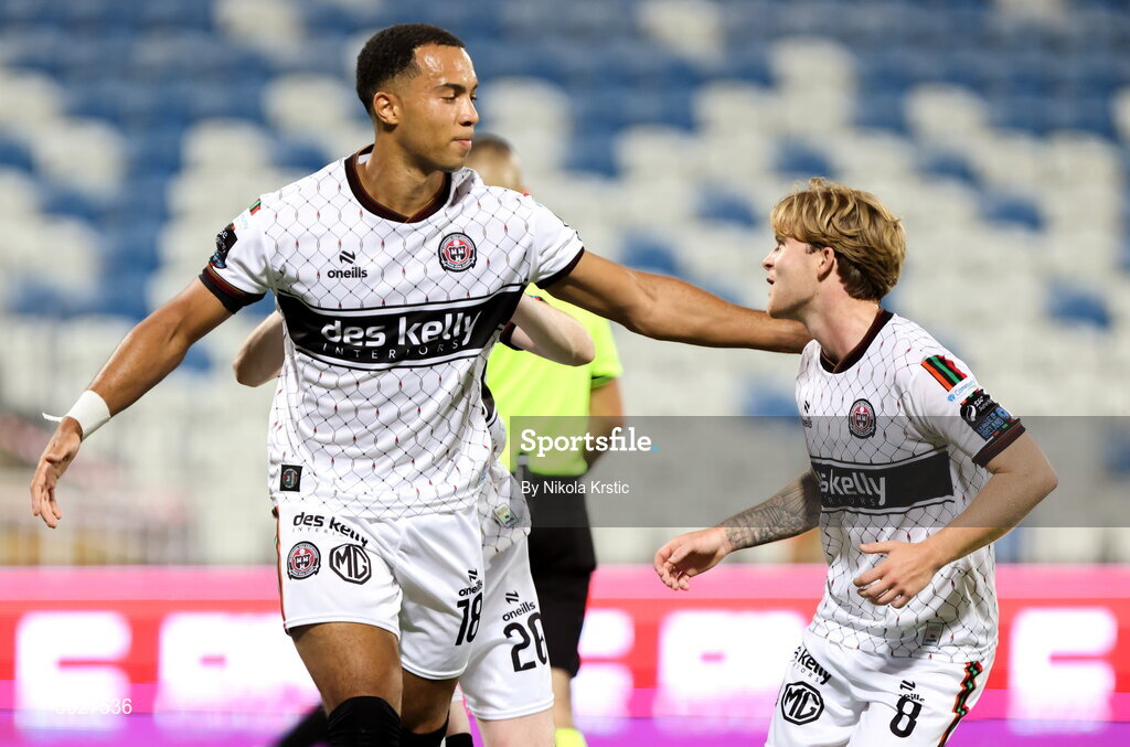 30 July 2026; Douglas James-Taylor of Bohemians, left, celebrates with teammate Harry Vaughan after scoring his side's first goal, a penalty, during the UEFA Conference League Second Qualifying Round second leg match between Ballkani and Bohemians at Fadil Vokrri Stadium in Pristina, Kosovo. Photo by Nikola Krstic/Sportsfile