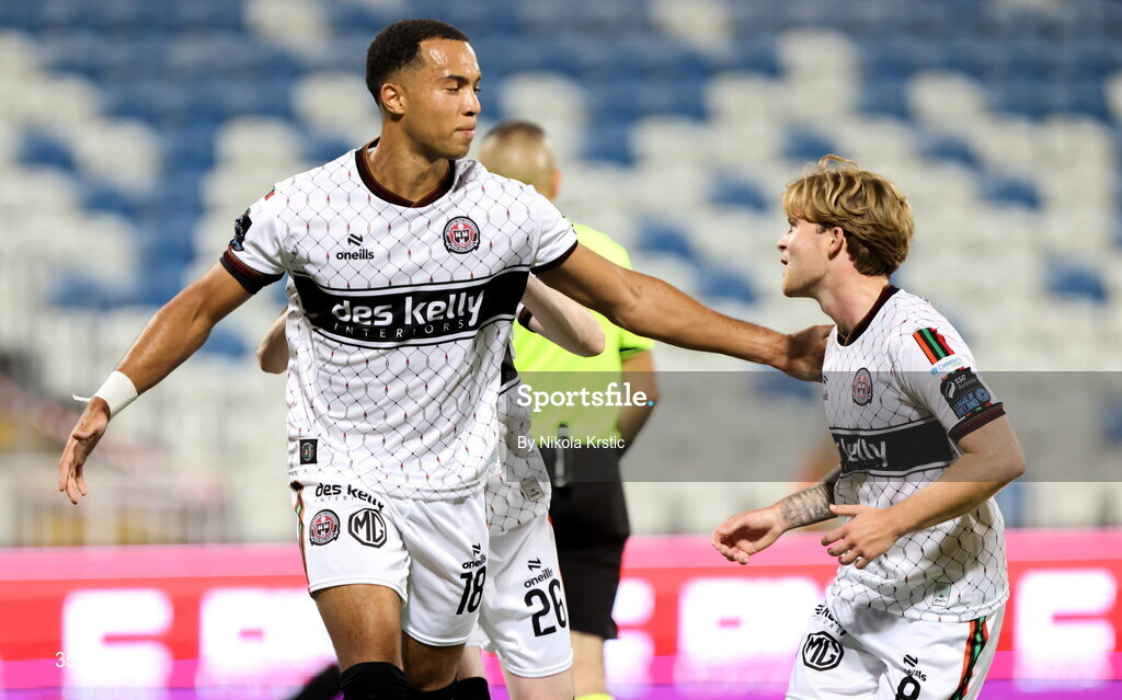 30 July 2026; Douglas James-Taylor of Bohemians, left, celebrates with teammate Harry Vaughan after scoring his side's first goal, a penalty, during the UEFA Conference League Second Qualifying Round second leg match between Ballkani and Bohemians at Fadil Vokrri Stadium in Pristina, Kosovo. Photo by Nikola Krstic/Sportsfile