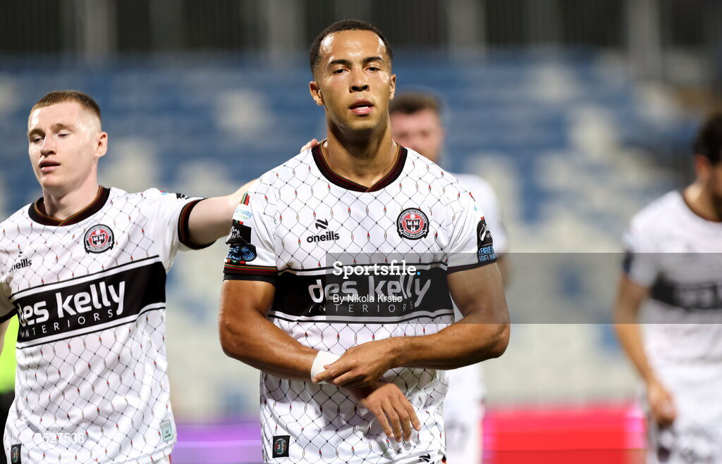 30 July 2026; Douglas James-Taylor of Bohemians celebrates after scoring his side's first goal, a penalty, during the UEFA Conference League Second Qualifying Round second leg match between Ballkani and Bohemians at Fadil Vokrri Stadium in Pristina, Kosovo. Photo by Nikola Krstic/Sportsfile