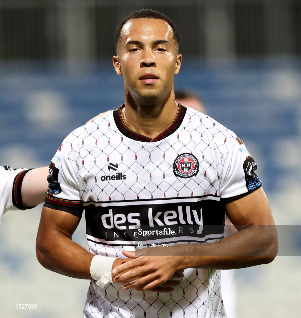 30 July 2026; Douglas James-Taylor of Bohemians celebrates after scoring his side's first goal, a penalty, during the UEFA Conference League Second Qualifying Round second leg match between Ballkani and Bohemians at Fadil Vokrri Stadium in Pristina, Kosovo. Photo by Nikola Krstic/Sportsfile