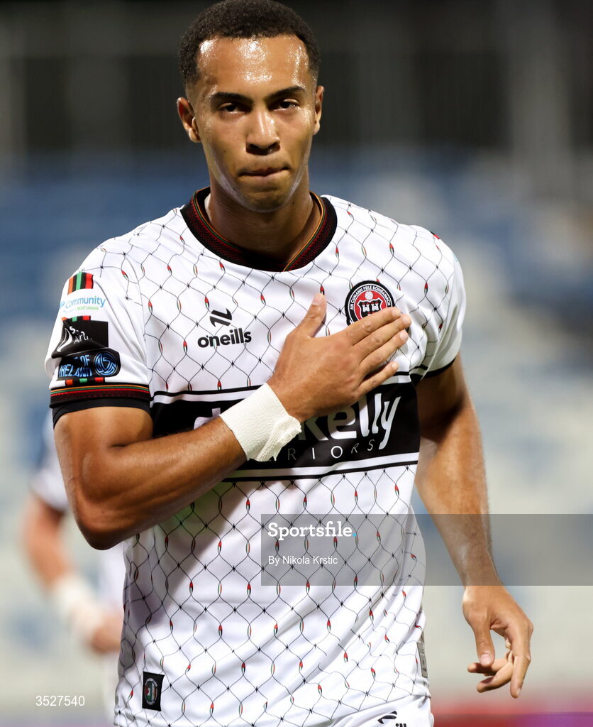 30 July 2026; Douglas James-Taylor of Bohemians celebrates after scoring his side's first goal, a penalty, during the UEFA Conference League Second Qualifying Round second leg match between Ballkani and Bohemians at Fadil Vokrri Stadium in Pristina, Kosovo. Photo by Nikola Krstic/Sportsfile