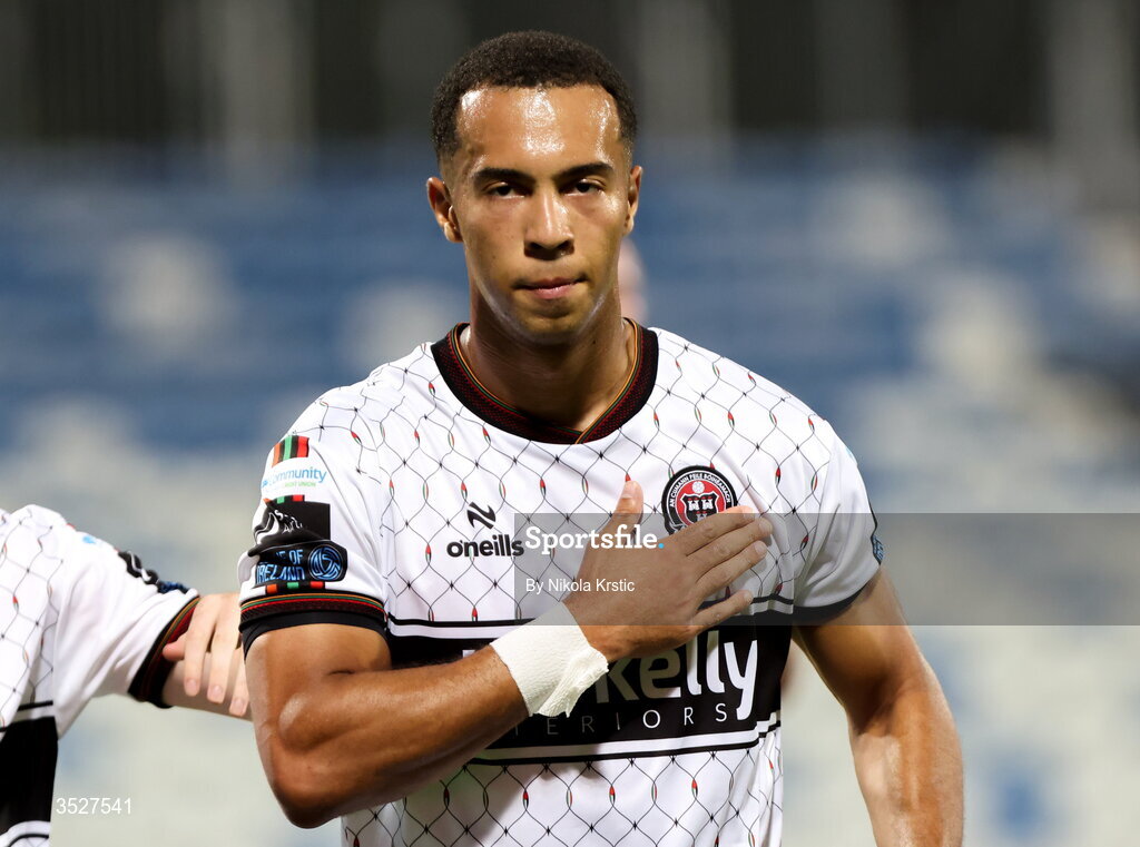 30 July 2026; Douglas James-Taylor of Bohemians celebrates after scoring his side's first goal, a penalty, during the UEFA Conference League Second Qualifying Round second leg match between Ballkani and Bohemians at Fadil Vokrri Stadium in Pristina, Kosovo. Photo by Nikola Krstic/Sportsfile