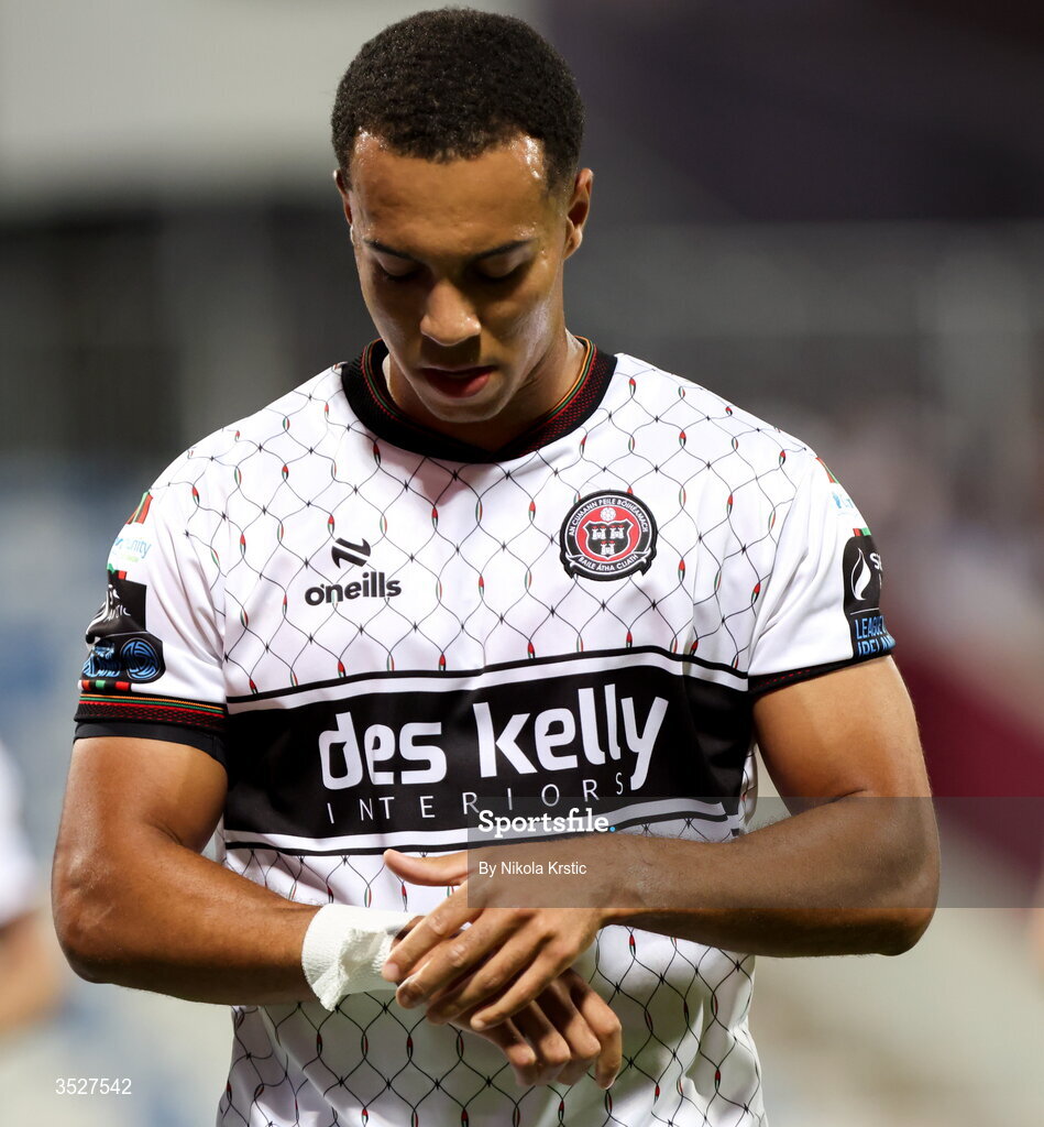 30 July 2026; Douglas James-Taylor of Bohemians celebrates after scoring his side's first goal, a penalty, during the UEFA Conference League Second Qualifying Round second leg match between Ballkani and Bohemians at Fadil Vokrri Stadium in Pristina, Kosovo. Photo by Nikola Krstic/Sportsfile