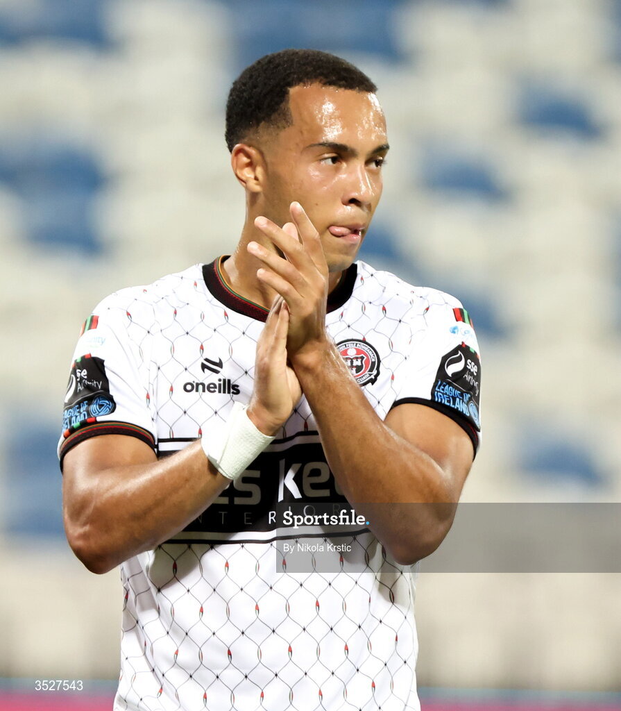 30 July 2026; Douglas James-Taylor of Bohemians celebrates after scoring his side's first goal, a penalty, during the UEFA Conference League Second Qualifying Round second leg match between Ballkani and Bohemians at Fadil Vokrri Stadium in Pristina, Kosovo. Photo by Nikola Krstic/Sportsfile