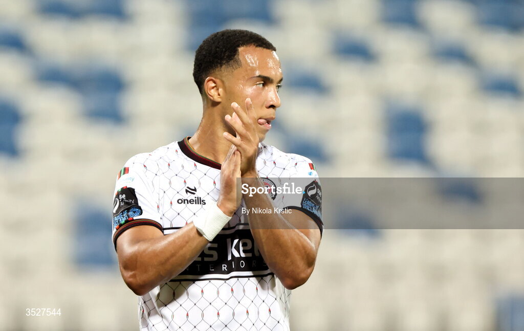 30 July 2026; Douglas James-Taylor of Bohemians celebrates after scoring his side's first goal, a penalty, during the UEFA Conference League Second Qualifying Round second leg match between Ballkani and Bohemians at Fadil Vokrri Stadium in Pristina, Kosovo. Photo by Nikola Krstic/Sportsfile