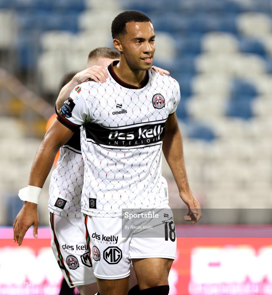 30 July 2026; Douglas James-Taylor of Bohemians celebrates after scoring his side's first goal, a penalty, during the UEFA Conference League Second Qualifying Round second leg match between Ballkani and Bohemians at Fadil Vokrri Stadium in Pristina, Kosovo. Photo by Nikola Krstic/Sportsfile