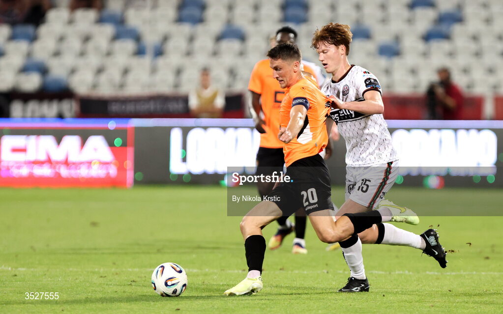30 July 2026; Edvin Kuc of Ballkani in action against Senan Mullen of Bohemians during the UEFA Conference League Second Qualifying Round second leg match between Ballkani and Bohemians at Fadil Vokrri Stadium in Pristina, Kosovo. Photo by Nikola Krstic/Sportsfile