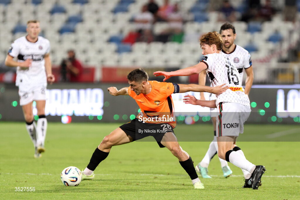 30 July 2026; Edvin Kuc of Ballkani in action against Senan Mullen of Bohemians during the UEFA Conference League Second Qualifying Round second leg match between Ballkani and Bohemians at Fadil Vokrri Stadium in Pristina, Kosovo. Photo by Nikola Krstic/Sportsfile