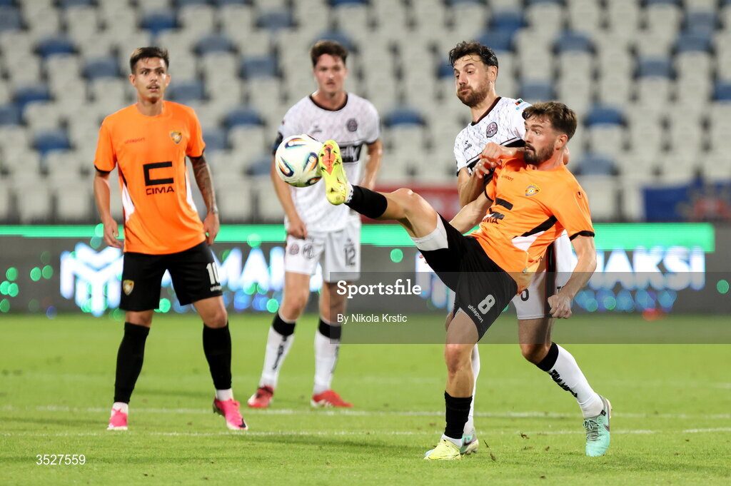 30 July 2026; Toni Domgjoni of Ballkani in action against Jordan Flores of Bohemians during the UEFA Conference League Second Qualifying Round second leg match between Ballkani and Bohemians at Fadil Vokrri Stadium in Pristina, Kosovo. Photo by Nikola Krstic/Sportsfile