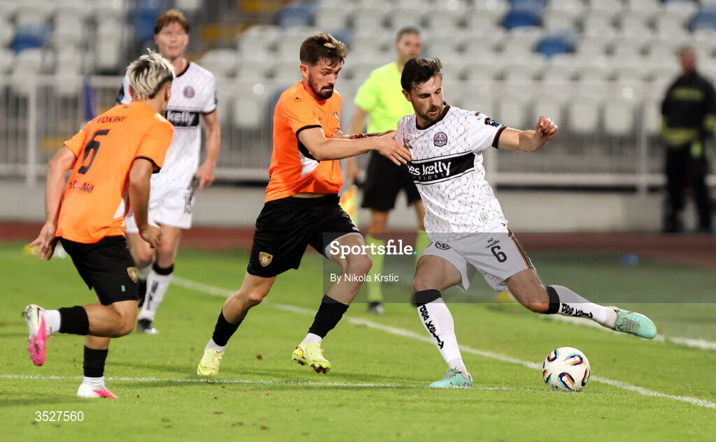 30 July 2026; Jordan Flores of Bohemians in action against Toni Domgjoni of Ballkani during the UEFA Conference League Second Qualifying Round second leg match between Ballkani and Bohemians at Fadil Vokrri Stadium in Pristina, Kosovo. Photo by Nikola Krstic/Sportsfile