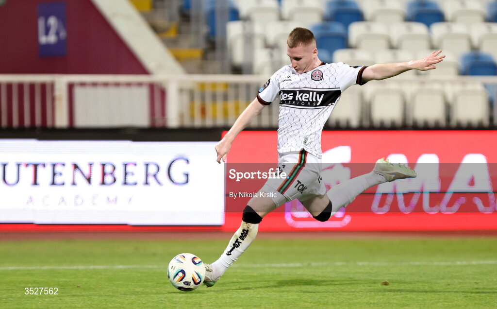 30 July 2026; Ross Tierney of Bohemians during the UEFA Conference League Second Qualifying Round second leg match between Ballkani and Bohemians at Fadil Vokrri Stadium in Pristina, Kosovo. Photo by Nikola Krstic/Sportsfile
