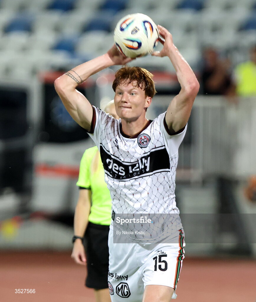 30 July 2026; Senan Mullen of Bohemians during the UEFA Conference League Second Qualifying Round second leg match between Ballkani and Bohemians at Fadil Vokrri Stadium in Pristina, Kosovo. Photo by Nikola Krstic/Sportsfile