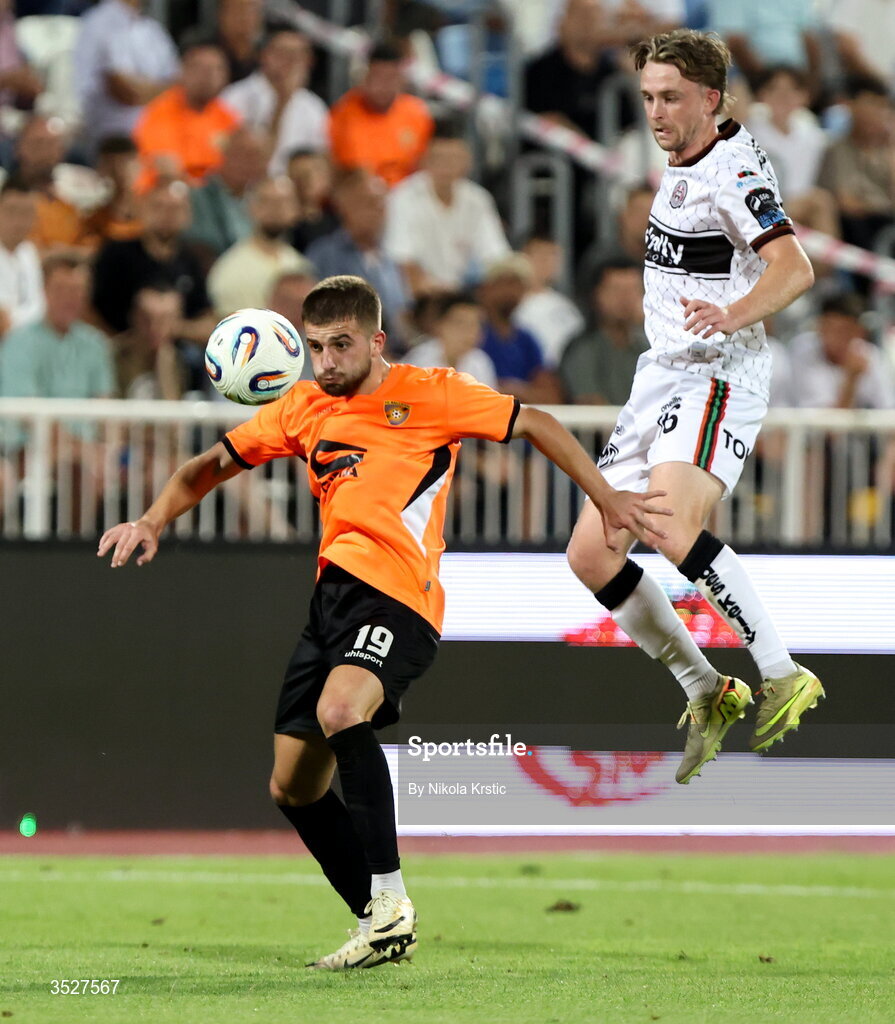 30 July 2026; Ajazaj Engjell of Ballkani in action against Darragh Power of Bohemians during the UEFA Conference League Second Qualifying Round second leg match between Ballkani and Bohemians at Fadil Vokrri Stadium in Pristina, Kosovo. Photo by Nikola Krstic/Sportsfile