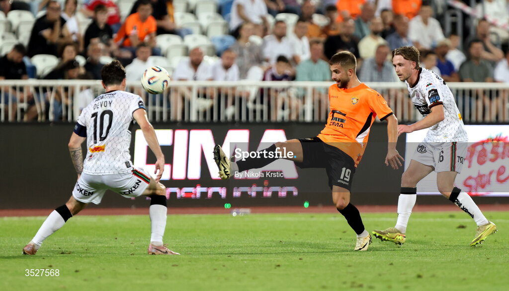 30 July 2026; Ajazaj Engjell of Ballkani in action against Darragh Power, right, and Dawson Devoy of Bohemians during the UEFA Conference League Second Qualifying Round second leg match between Ballkani and Bohemians at Fadil Vokrri Stadium in Pristina, Kosovo. Photo by Nikola Krstic/Sportsfile