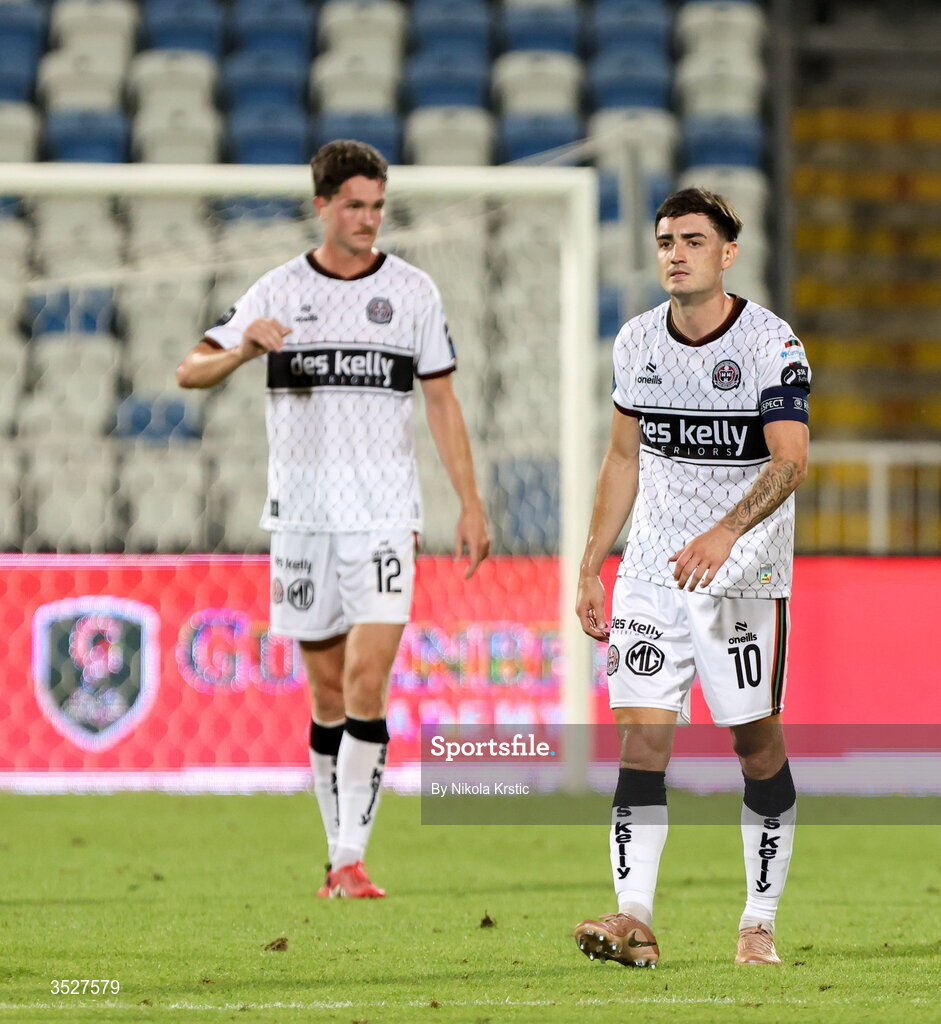 30 July 2026; Dawson Devoy, right, and Patrick Hickey of Bohemians react during the UEFA Conference League Second Qualifying Round second leg match between Ballkani and Bohemians at Fadil Vokrri Stadium in Pristina, Kosovo. Photo by Nikola Krstic/Sportsfile
