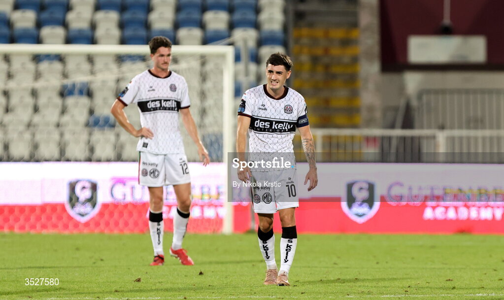 30 July 2026; Dawson Devoy, right, and Patrick Hickey of Bohemians react during the UEFA Conference League Second Qualifying Round second leg match between Ballkani and Bohemians at Fadil Vokrri Stadium in Pristina, Kosovo. Photo by Nikola Krstic/Sportsfile
