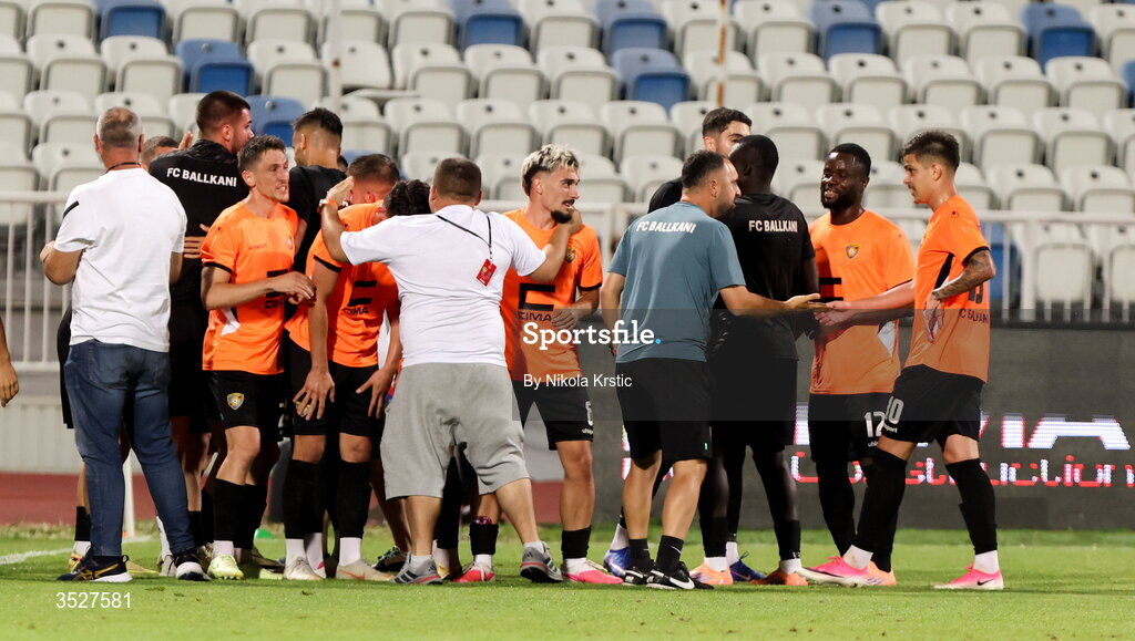 30 July 2026; Ballkani players celebrate after their side score a third goal during the UEFA Conference League Second Qualifying Round second leg match between Ballkani and Bohemians at Fadil Vokrri Stadium in Pristina, Kosovo. Photo by Nikola Krstic/Sportsfile