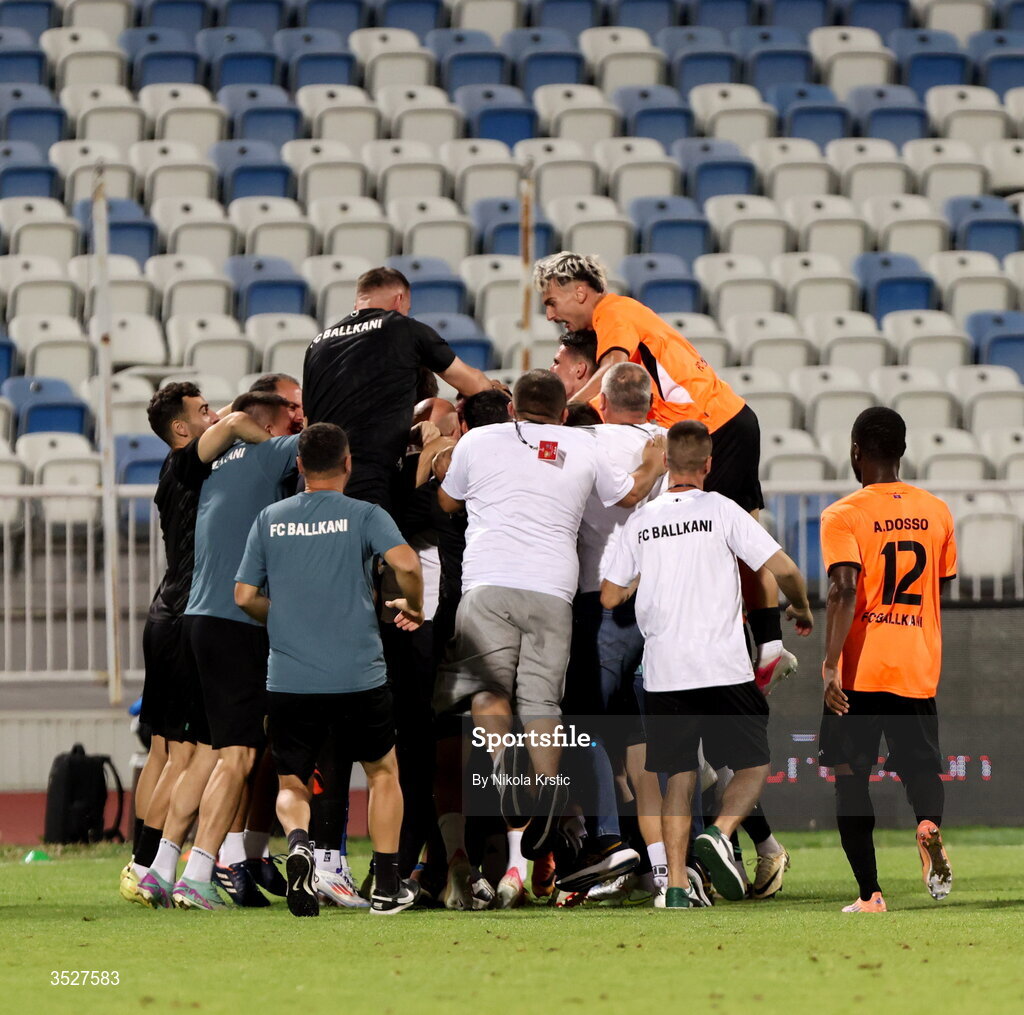 30 July 2026; Ballkani players celebrate after their side score a third goal during the UEFA Conference League Second Qualifying Round second leg match between Ballkani and Bohemians at Fadil Vokrri Stadium in Pristina, Kosovo. Photo by Nikola Krstic/Sportsfile