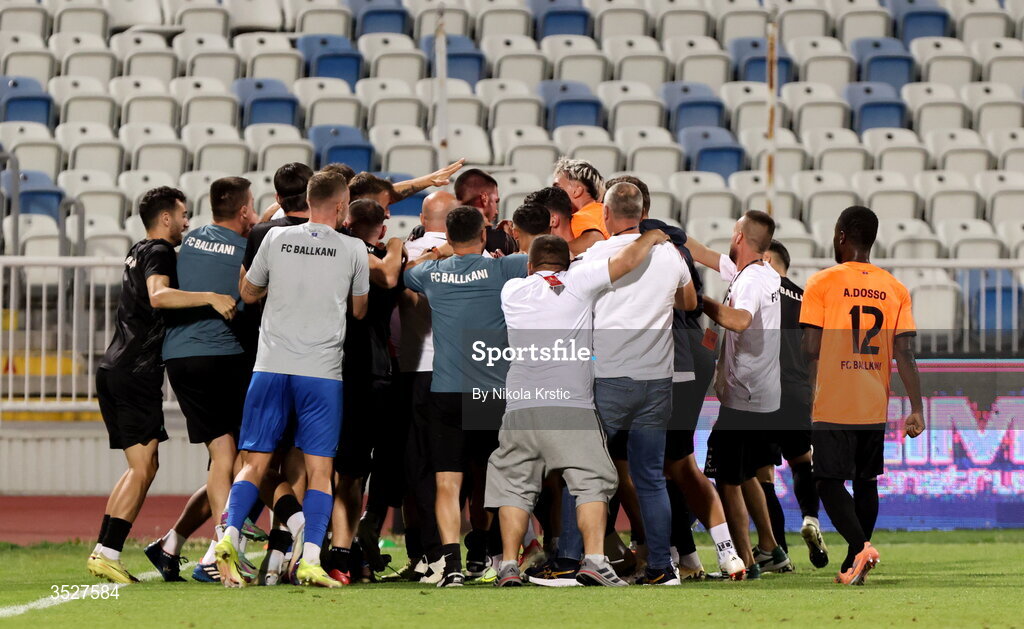 30 July 2026; Ballkani players celebrate after their side score a third goal during the UEFA Conference League Second Qualifying Round second leg match between Ballkani and Bohemians at Fadil Vokrri Stadium in Pristina, Kosovo. Photo by Nikola Krstic/Sportsfile