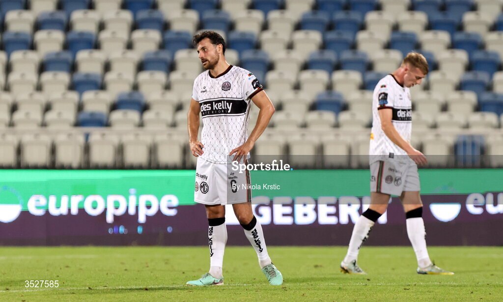 30 July 2026; Jordan Flores, left, and Sam Todd of Bohemians react during the UEFA Conference League Second Qualifying Round second leg match between Ballkani and Bohemians at Fadil Vokrri Stadium in Pristina, Kosovo. Photo by Nikola Krstic/Sportsfile