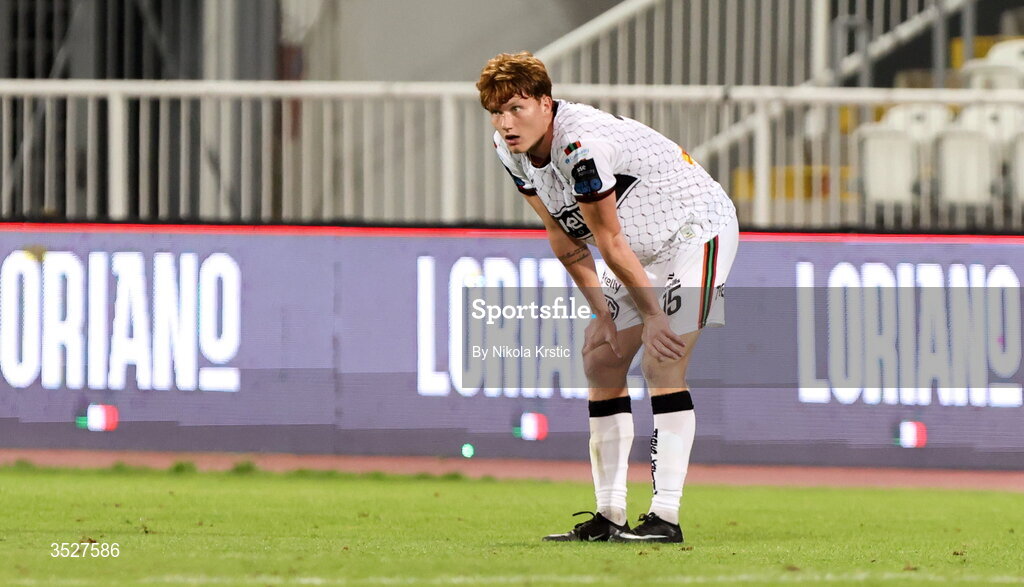 30 July 2026; Senan Mullen of Bohemians reacts during the UEFA Conference League Second Qualifying Round second leg match between Ballkani and Bohemians at Fadil Vokrri Stadium in Pristina, Kosovo. Photo by Nikola Krstic/Sportsfile