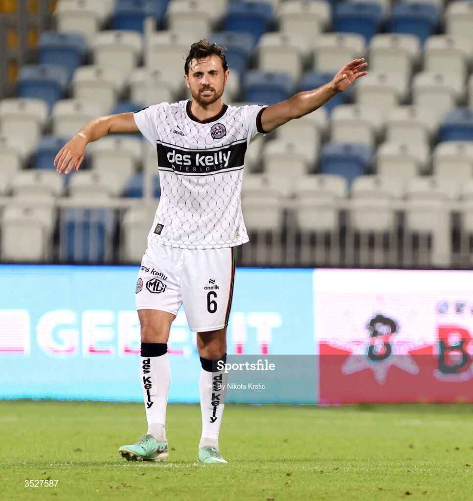 30 July 2026; Jordan Flores of Bohemians during the UEFA Conference League Second Qualifying Round second leg match between Ballkani and Bohemians at Fadil Vokrri Stadium in Pristina, Kosovo. Photo by Nikola Krstic/Sportsfile