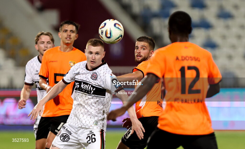 30 July 2026; Ross Tierney of Bohemians in action against Abou Dosso of Ballkani, 12, during the UEFA Conference League Second Qualifying Round second leg match between Ballkani and Bohemians at Fadil Vokrri Stadium in Pristina, Kosovo. Photo by Nikola Krstic/Sportsfile