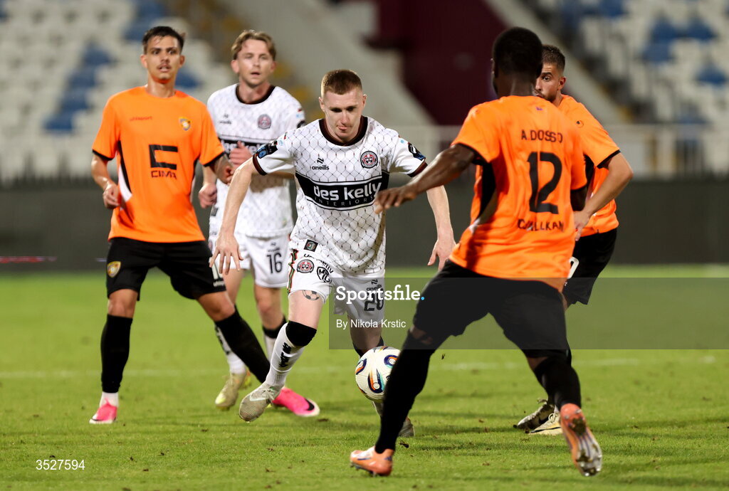 30 July 2026; Ross Tierney of Bohemians in action against Abou Dosso of Ballkani during the UEFA Conference League Second Qualifying Round second leg match between Ballkani and Bohemians at Fadil Vokrri Stadium in Pristina, Kosovo. Photo by Nikola Krstic/Sportsfile