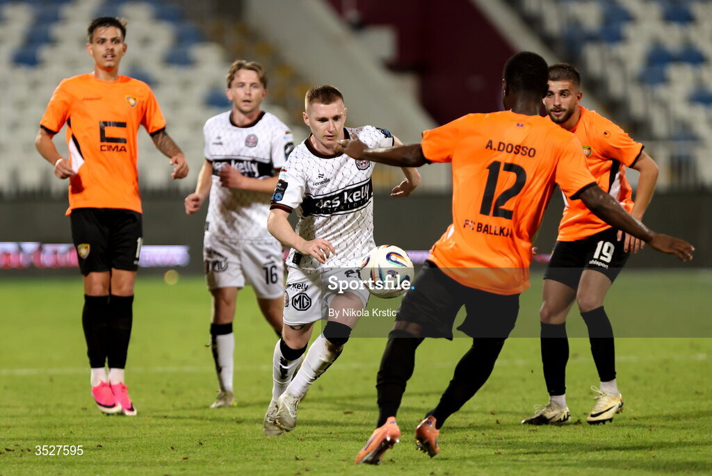 30 July 2026; Ross Tierney of Bohemians in action against Abou Dosso of Ballkani during the UEFA Conference League Second Qualifying Round second leg match between Ballkani and Bohemians at Fadil Vokrri Stadium in Pristina, Kosovo. Photo by Nikola Krstic/Sportsfile