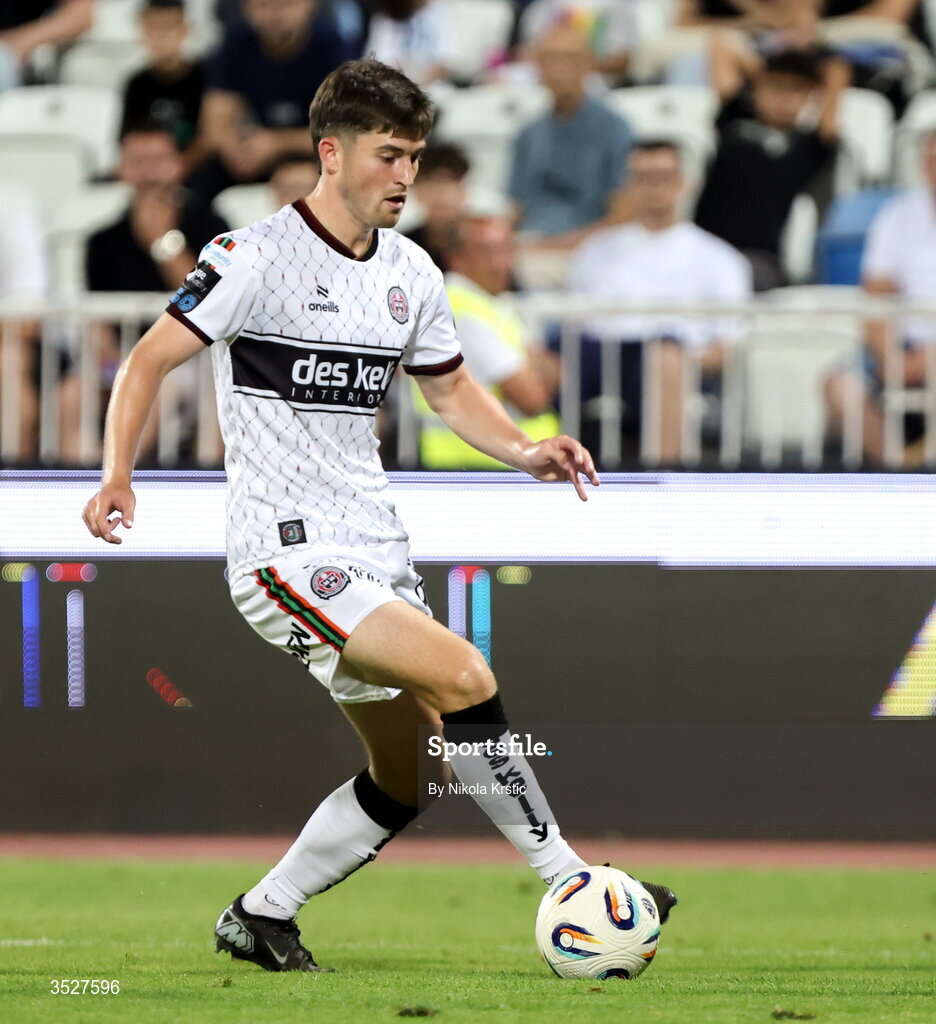 30 July 2026; Colm Whelan of Bohemians during the UEFA Conference League Second Qualifying Round second leg match between Ballkani and Bohemians at Fadil Vokrri Stadium in Pristina, Kosovo. Photo by Nikola Krstic/Sportsfile