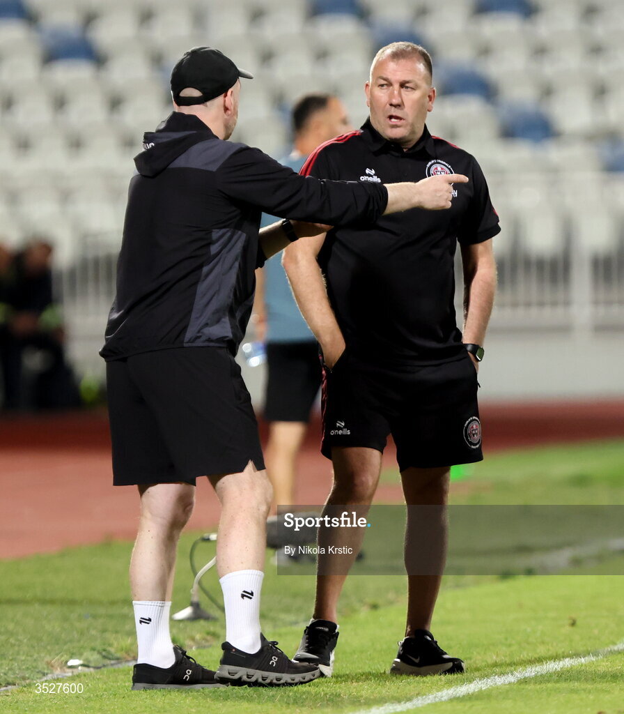 30 July 2026; Bohemians manager Alan Reynolds speaks with Bohemians assistant manager Stephen O'Donnell during the UEFA Conference League Second Qualifying Round second leg match between Ballkani and Bohemians at Fadil Vokrri Stadium in Pristina, Kosovo. Photo by Nikola Krstic/Sportsfile