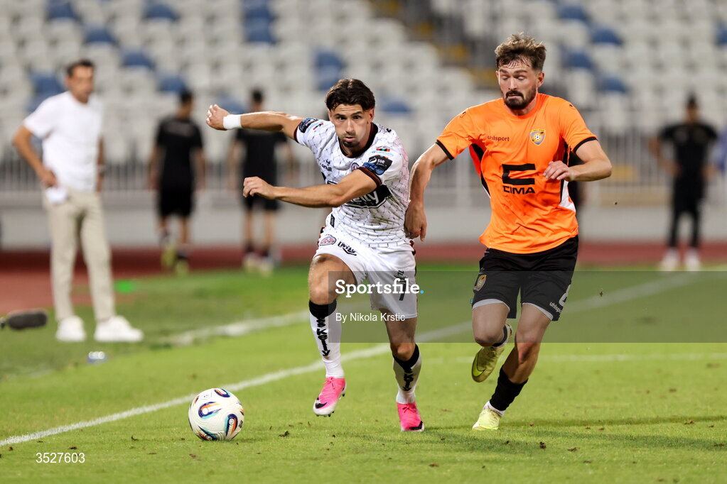 30 July 2026; Connor Parsons of Bohemians in action against Toni Domgjoni of Ballkani during the UEFA Conference League Second Qualifying Round second leg match between Ballkani and Bohemians at Fadil Vokrri Stadium in Pristina, Kosovo. Photo by Nikola Krstic/Sportsfile