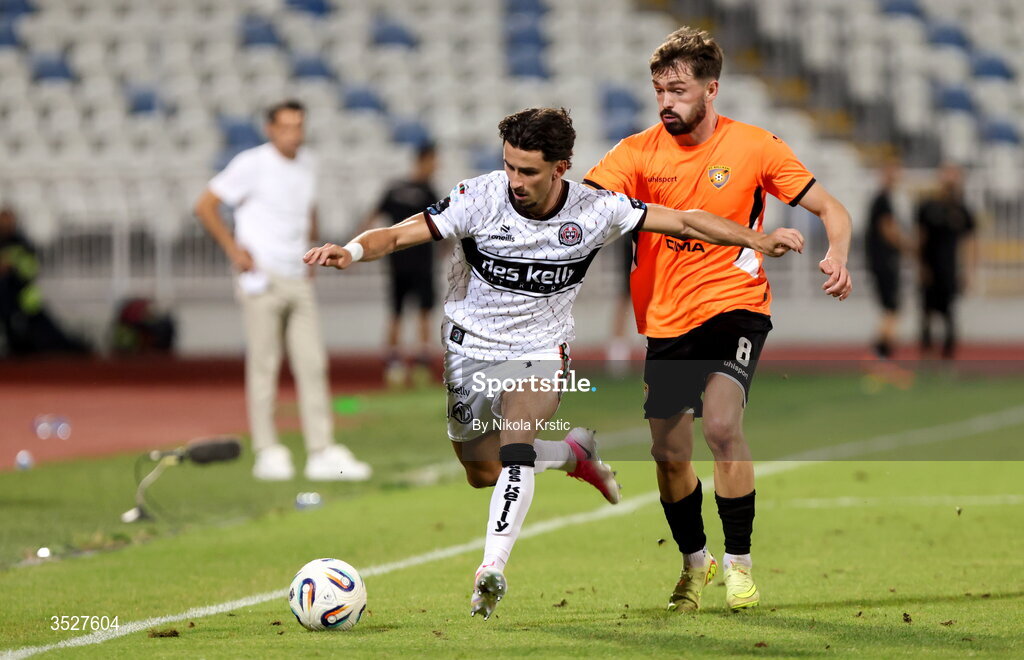 30 July 2026; Connor Parsons of Bohemians in action against Toni Domgjoni of Ballkani during the UEFA Conference League Second Qualifying Round second leg match between Ballkani and Bohemians at Fadil Vokrri Stadium in Pristina, Kosovo. Photo by Nikola Krstic/Sportsfile