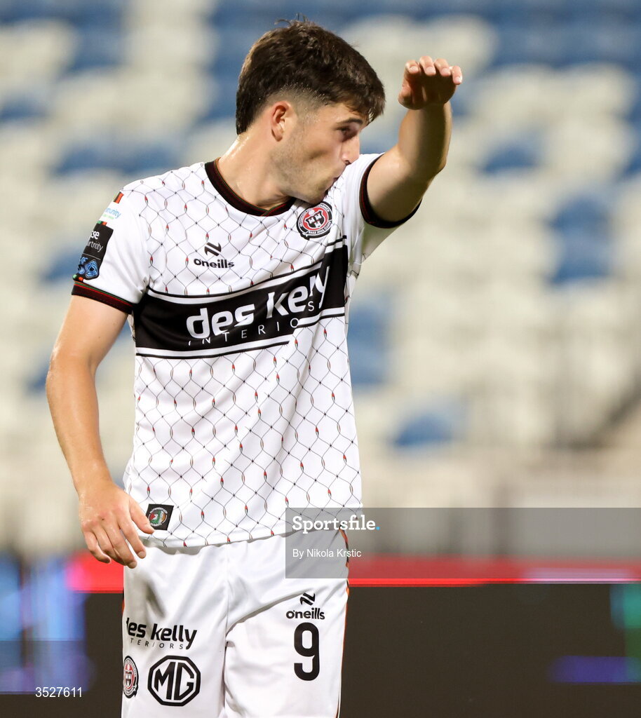 30 July 2026; Colm Whelan of Bohemians reacts during the UEFA Conference League Second Qualifying Round second leg match between Ballkani and Bohemians at Fadil Vokrri Stadium in Pristina, Kosovo. Photo by Nikola Krstic/Sportsfile
