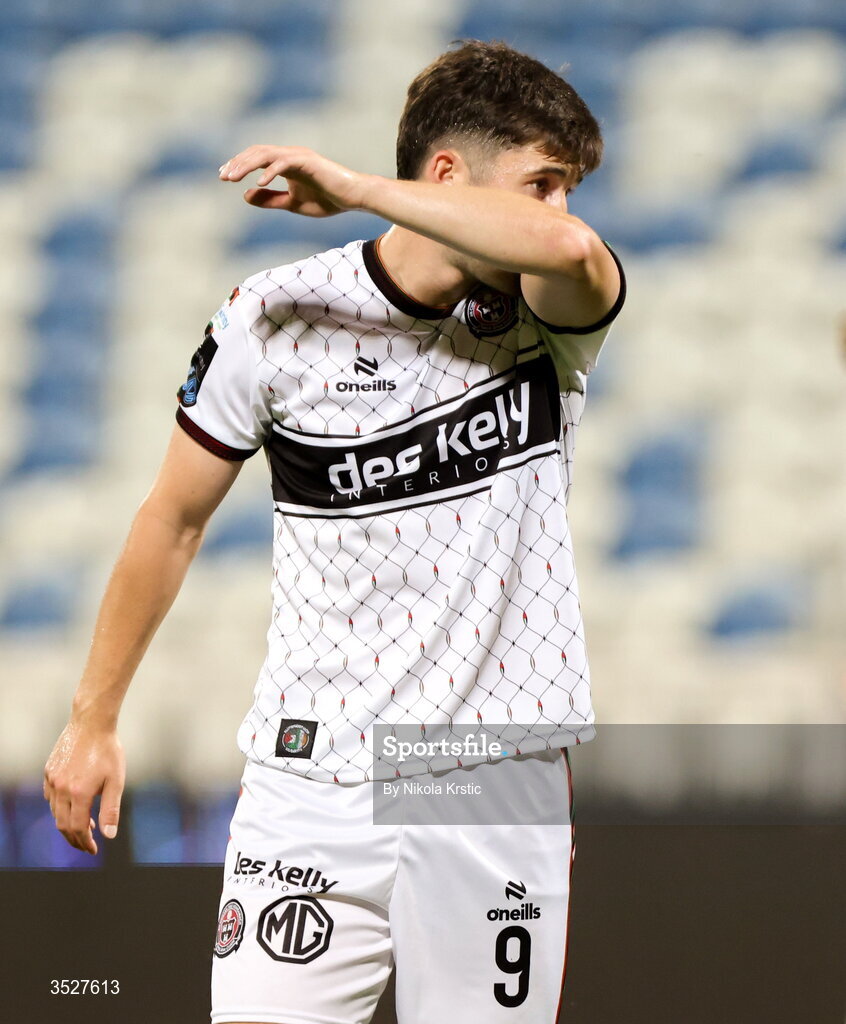 30 July 2026; Colm Whelan of Bohemians reacts during the UEFA Conference League Second Qualifying Round second leg match between Ballkani and Bohemians at Fadil Vokrri Stadium in Pristina, Kosovo. Photo by Nikola Krstic/Sportsfile
