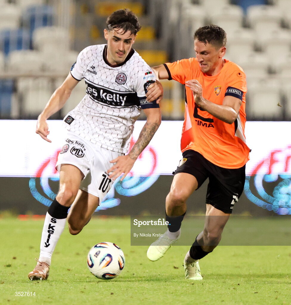 30 July 2026; Dawson Devoy of Bohemians in action against Edvin Kuc of Ballkani during the UEFA Conference League Second Qualifying Round second leg match between Ballkani and Bohemians at Fadil Vokrri Stadium in Pristina, Kosovo. Photo by Nikola Krstic/Sportsfile