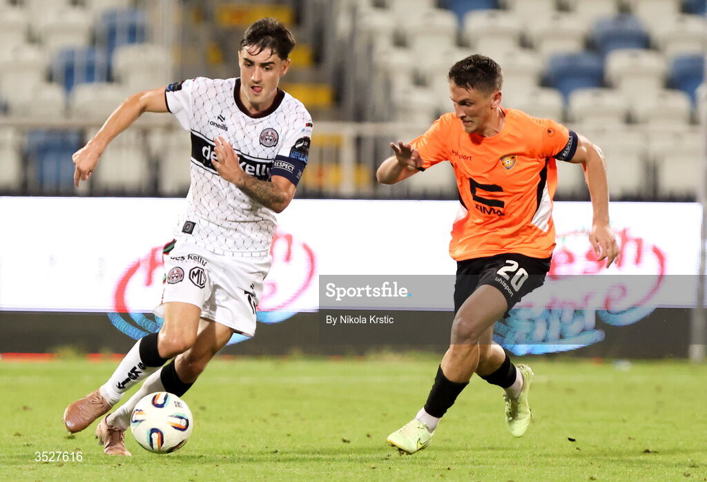 30 July 2026; Dawson Devoy of Bohemians in action against Edvin Kuc of Ballkani during the UEFA Conference League Second Qualifying Round second leg match between Ballkani and Bohemians at Fadil Vokrri Stadium in Pristina, Kosovo. Photo by Nikola Krstic/Sportsfile