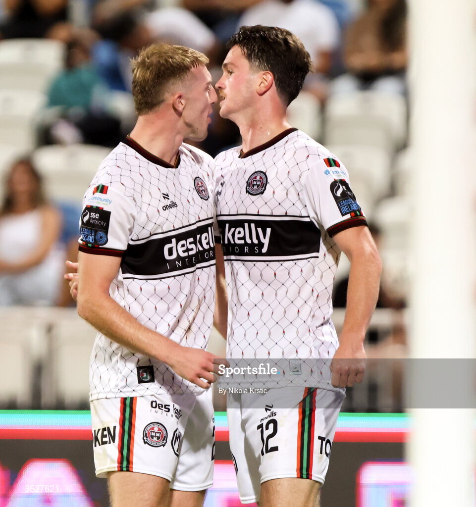 30 July 2026; Patrick Hickey, right, celebrates with teammate Sam Todd after scoring their side's second goal during the UEFA Conference League Second Qualifying Round second leg match between Ballkani and Bohemians at Fadil Vokrri Stadium in Pristina, Kosovo. Photo by Nikola Krstic/Sportsfile