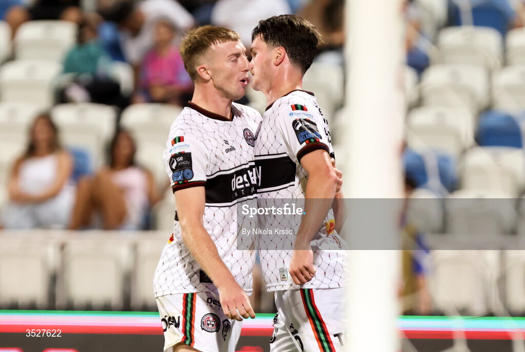 30 July 2026; Patrick Hickey, right, celebrates with teammate Sam Todd after scoring their side's second goal during the UEFA Conference League Second Qualifying Round second leg match between Ballkani and Bohemians at Fadil Vokrri Stadium in Pristina, Kosovo. Photo by Nikola Krstic/Sportsfile