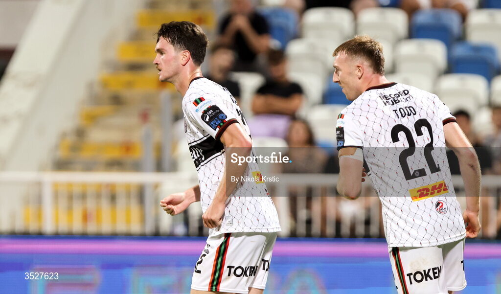 30 July 2026; Patrick Hickey of Bohemians, left, celebrates after scoring his side's second goal during the UEFA Conference League Second Qualifying Round second leg match between Ballkani and Bohemians at Fadil Vokrri Stadium in Pristina, Kosovo. Photo by Nikola Krstic/Sportsfile