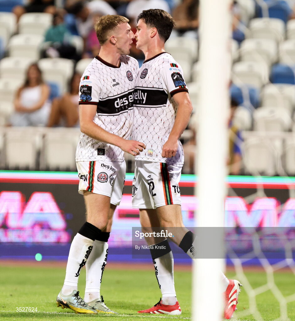 30 July 2026; Patrick Hickey, right, celebrates with teammate Sam Todd after scoring their side's second goal during the UEFA Conference League Second Qualifying Round second leg match between Ballkani and Bohemians at Fadil Vokrri Stadium in Pristina, Kosovo. Photo by Nikola Krstic/Sportsfile