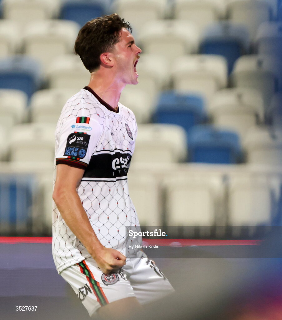 30 July 2026; Patrick Hickey of Bohemians celebrates after scoring his side's second goal during the UEFA Conference League Second Qualifying Round second leg match between Ballkani and Bohemians at Fadil Vokrri Stadium in Pristina, Kosovo. Photo by Nikola Krstic/Sportsfile