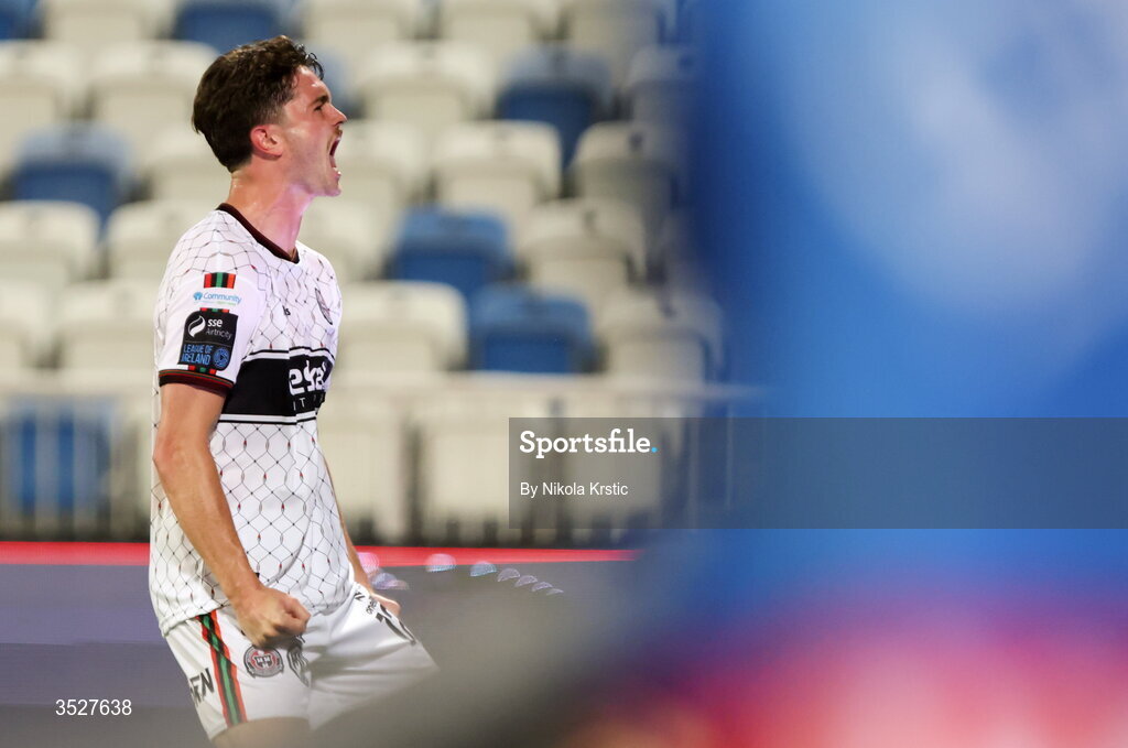 30 July 2026; Patrick Hickey of Bohemians celebrates after scoring his side's second goal during the UEFA Conference League Second Qualifying Round second leg match between Ballkani and Bohemians at Fadil Vokrri Stadium in Pristina, Kosovo. Photo by Nikola Krstic/Sportsfile