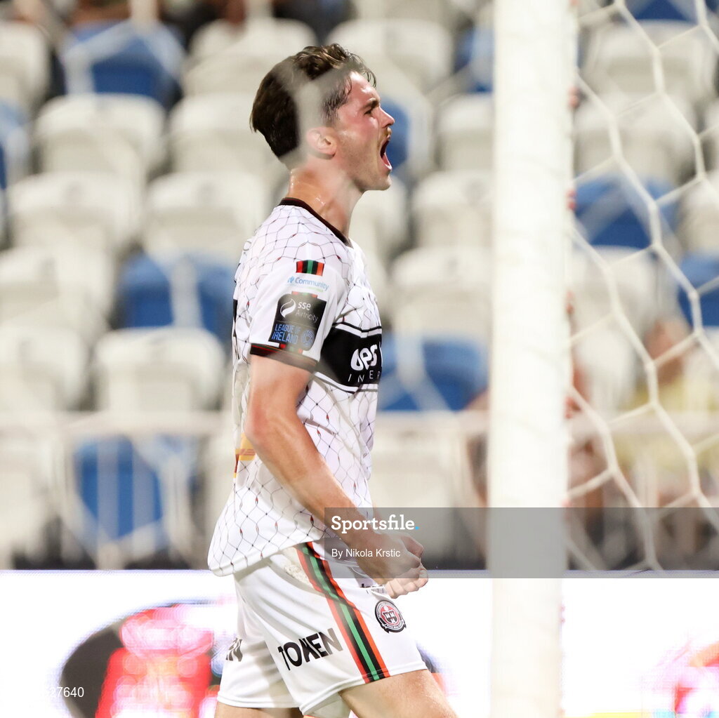 30 July 2026; Patrick Hickey of Bohemians celebrates after scoring his side's second goal during the UEFA Conference League Second Qualifying Round second leg match between Ballkani and Bohemians at Fadil Vokrri Stadium in Pristina, Kosovo. Photo by Nikola Krstic/Sportsfile
