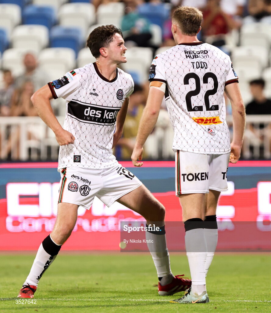 30 July 2026; Patrick Hickey of Bohemians, left, celebrates with teammate /Sam Todd of Bohemians after scoring their side's second goal celebrates after scoring his side's second goal during the UEFA Conference League Second Qualifying Round second leg match between Ballkani and Bohemians at Fadil Vokrri Stadium in Pristina, Kosovo. Photo by Nikola Krstic/Sportsfile