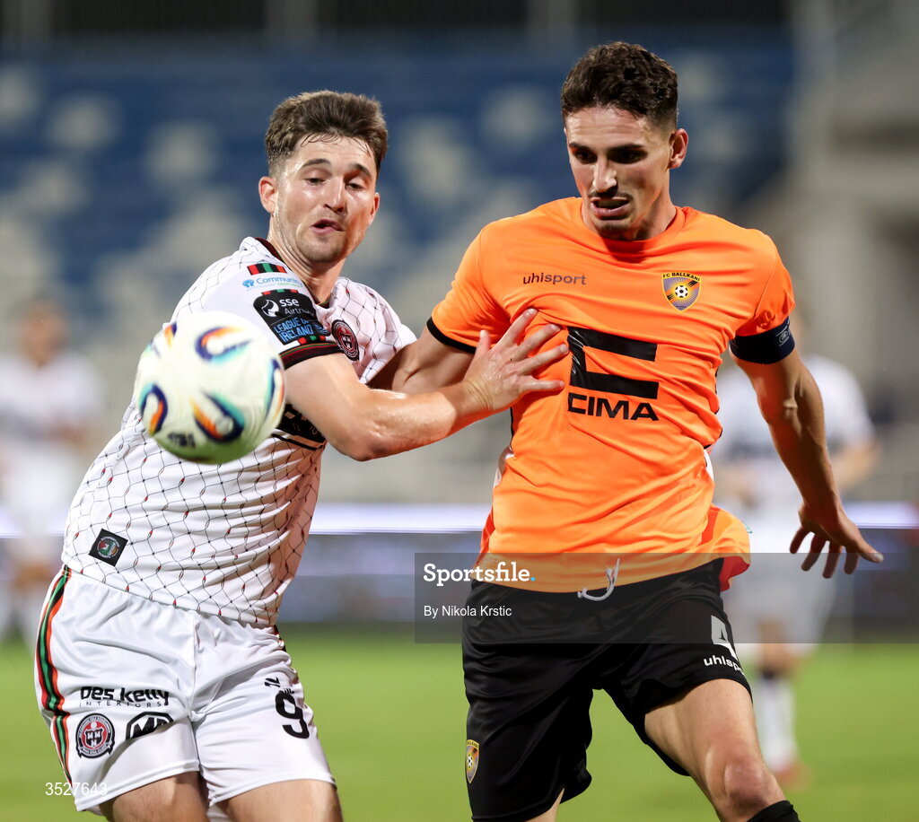 30 July 2026; Colm Whelan of Bohemians in action against Gentrit Halili of Ballkani during the UEFA Conference League Second Qualifying Round second leg match between Ballkani and Bohemians at Fadil Vokrri Stadium in Pristina, Kosovo. Photo by Nikola Krstic/Sportsfile