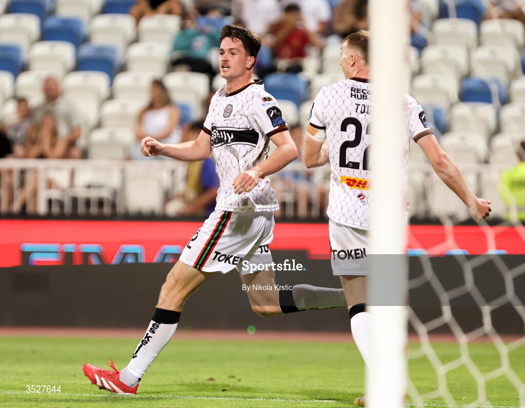 30 July 2026; Patrick Hickey of Bohemians celebrates after scoring his side's second goal during the UEFA Conference League Second Qualifying Round second leg match between Ballkani and Bohemians at Fadil Vokrri Stadium in Pristina, Kosovo. Photo by Nikola Krstic/Sportsfile