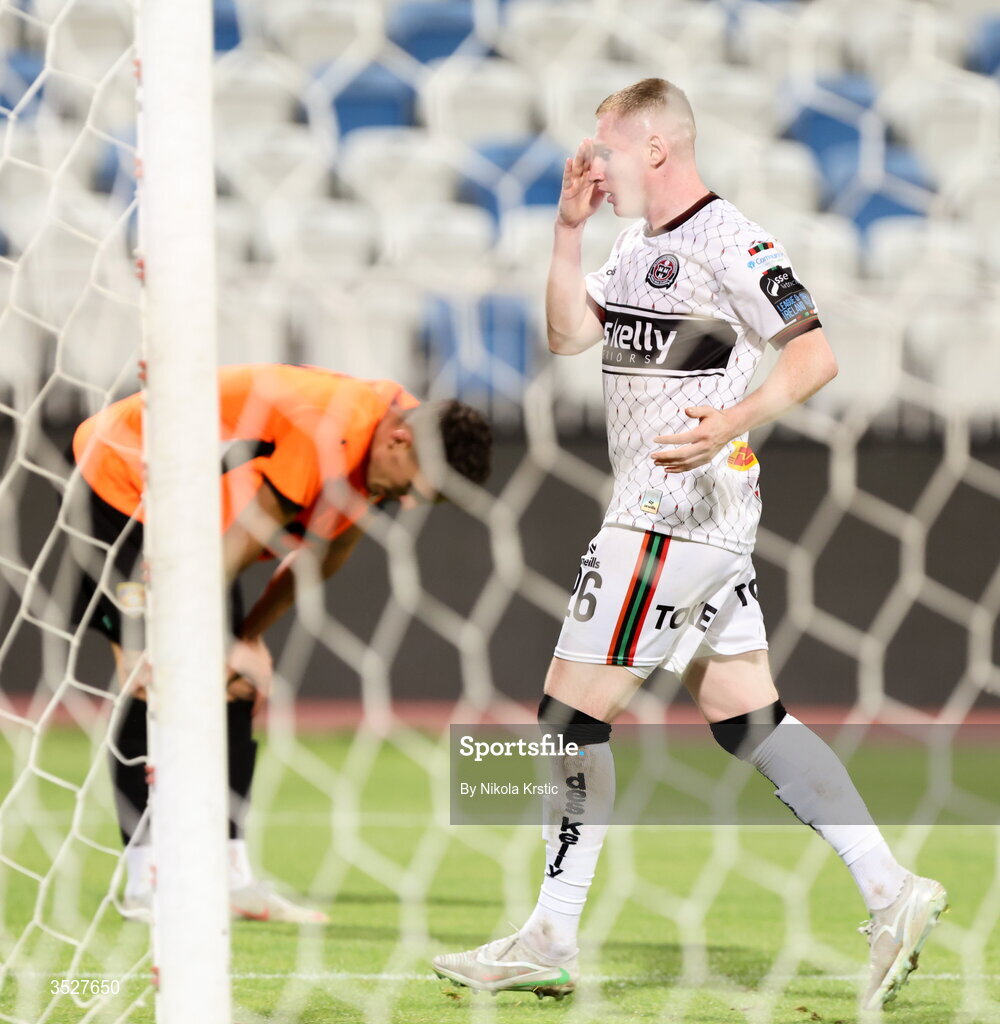 30 July 2026; Ross Tierney of Bohemians reacts during the UEFA Conference League Second Qualifying Round second leg match between Ballkani and Bohemians at Fadil Vokrri Stadium in Pristina, Kosovo. Photo by Nikola Krstic/Sportsfile